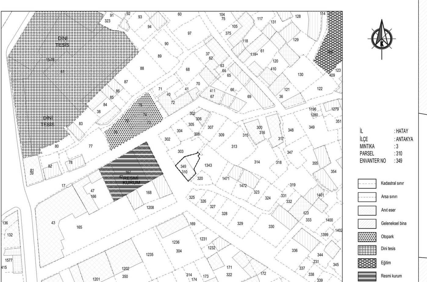 Kadastral durum — 310 parselin Antakya tarihi dokusundaki konumu